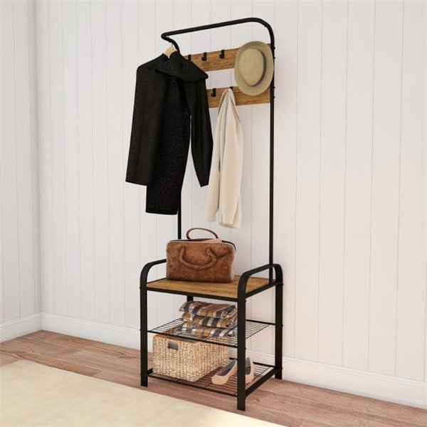 Lavish Home Lavish Home 80-ENTRYF-6 9 Hooks 2 Shelves Metal Hall Tree Storage Bench Entryway Coat Rack - Rustic Brown Woodgrain Look & Black 80-ENTRYF-6